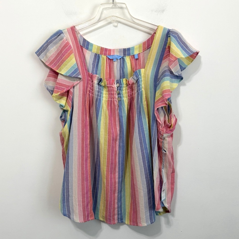 Draper James Square Neck Top Blouse‎ XXL Pastel Flutter Sleeve Stripe Summer NEW